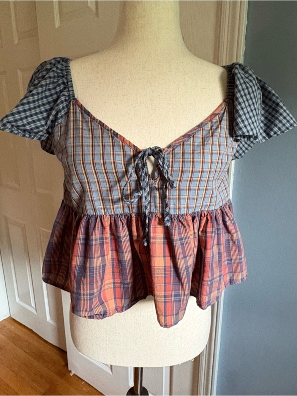 American Eagle Women’s Patchwork Plaid Peplum Top Blue Small